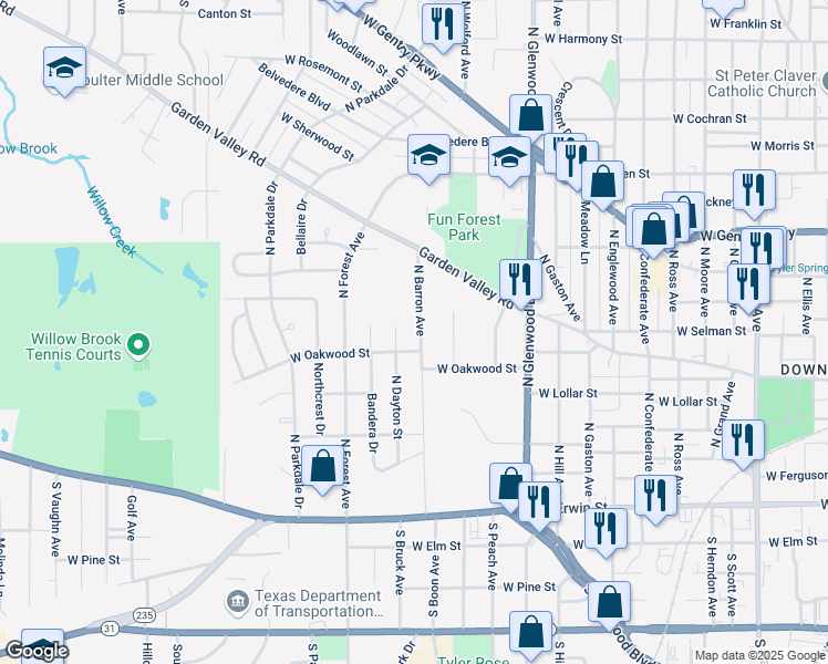 map of restaurants, bars, coffee shops, grocery stores, and more near 600 North Barron Avenue in Tyler