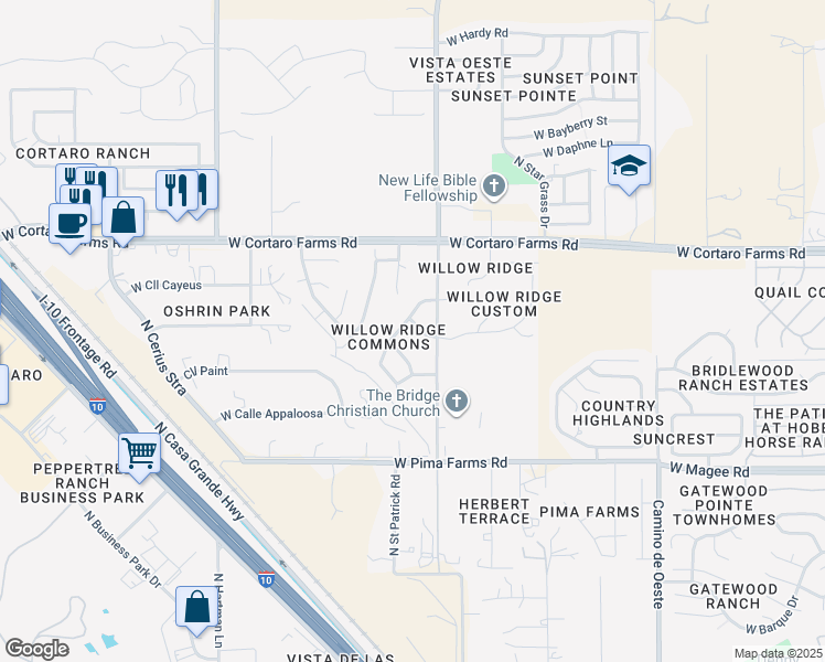 map of restaurants, bars, coffee shops, grocery stores, and more near 5030 West Willow Wind Way in Tucson
