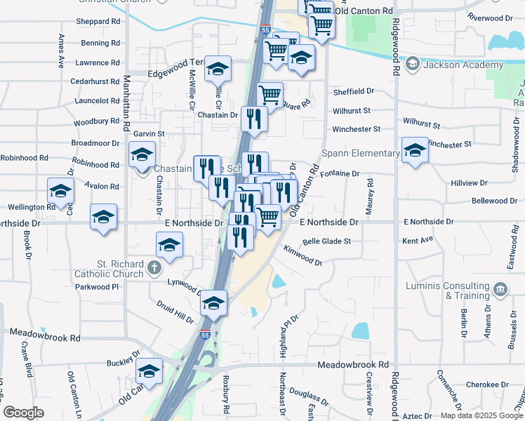 map of restaurants, bars, coffee shops, grocery stores, and more near 1220 East Northside Drive in Jackson