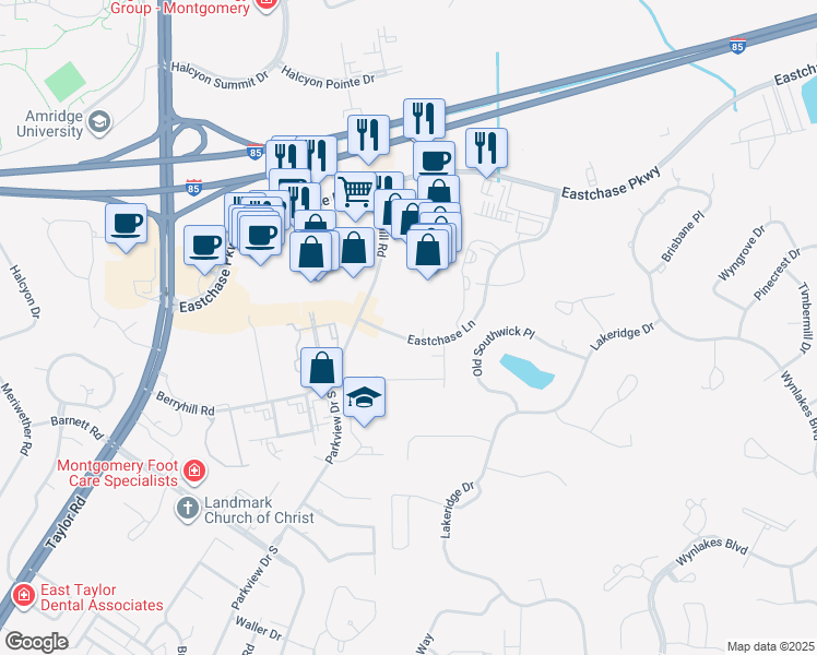 map of restaurants, bars, coffee shops, grocery stores, and more near 2315 Eastchase Lane in Montgomery