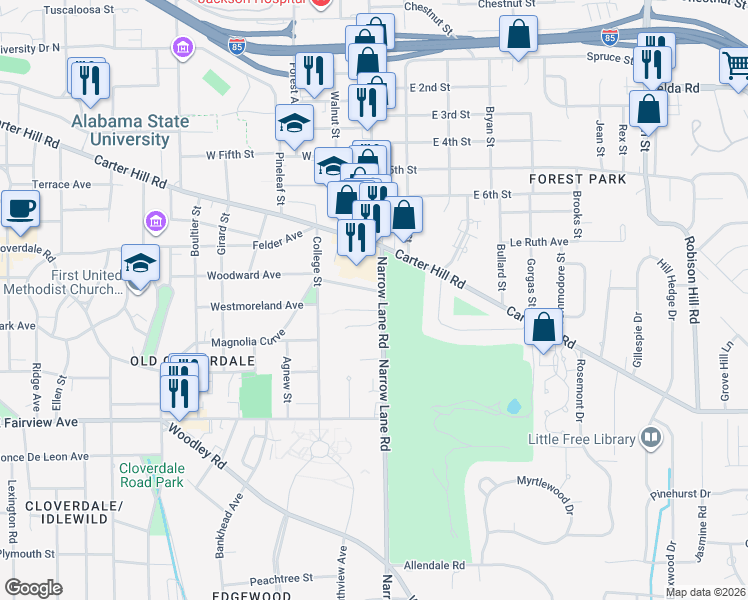 map of restaurants, bars, coffee shops, grocery stores, and more near 2200 Narrow Lane Road in Montgomery