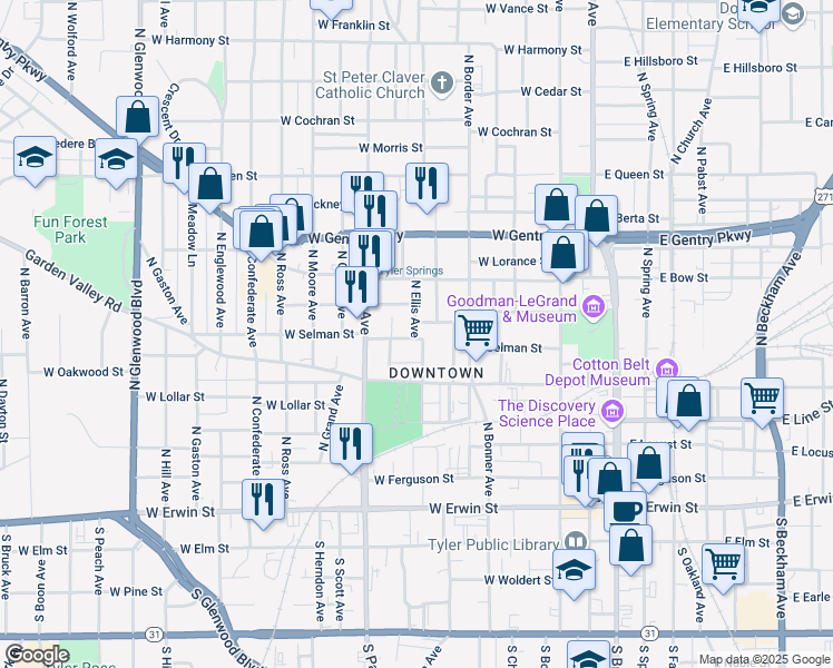 map of restaurants, bars, coffee shops, grocery stores, and more near 611 North Ellis Avenue in Tyler