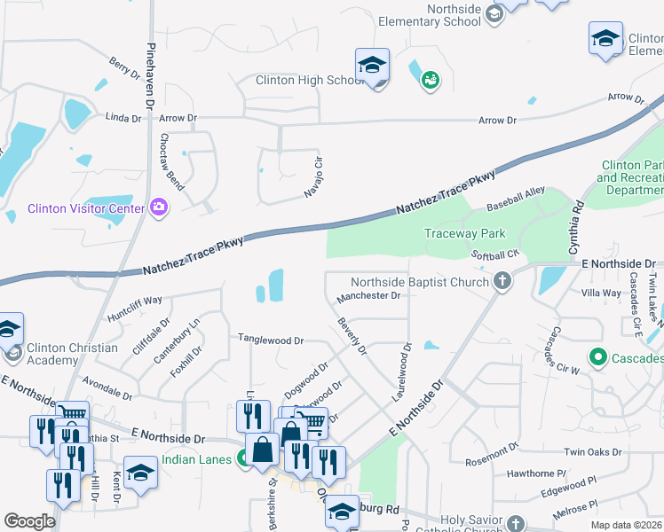 map of restaurants, bars, coffee shops, grocery stores, and more near 1205 Pineview Drive in Clinton