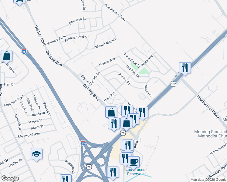 map of restaurants, bars, coffee shops, grocery stores, and more near 3301 Venus Street in Las Cruces