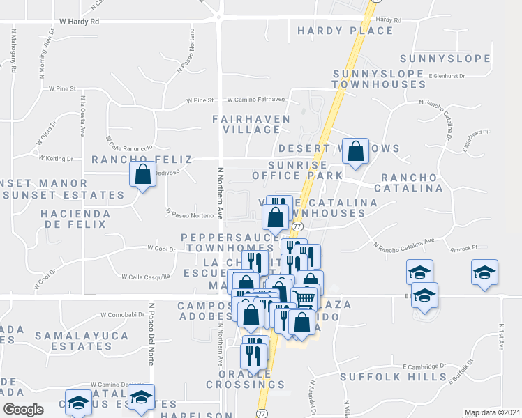 map of restaurants, bars, coffee shops, grocery stores, and more near South New Athens Way [P] (~0 segments) in Tucson