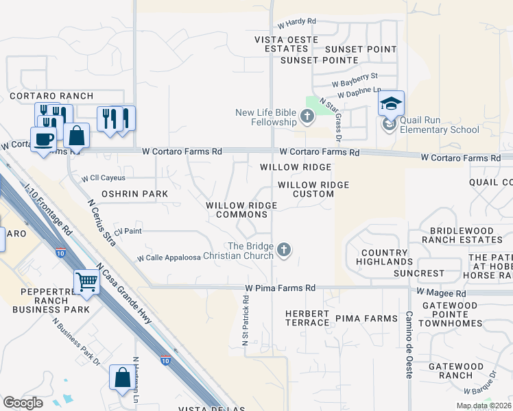 map of restaurants, bars, coffee shops, grocery stores, and more near 5030 West Willow Wind Way in Tucson