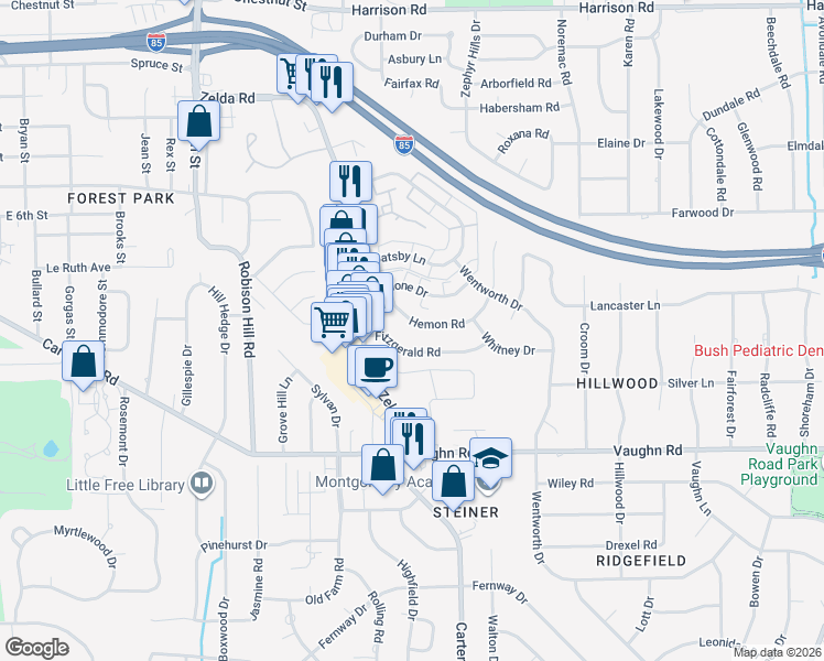map of restaurants, bars, coffee shops, grocery stores, and more near 3109 Fitzgerald Road in Montgomery