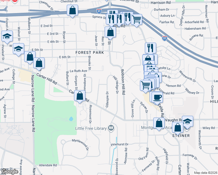 map of restaurants, bars, coffee shops, grocery stores, and more near 1801-1805 Gillespie Drive in Montgomery