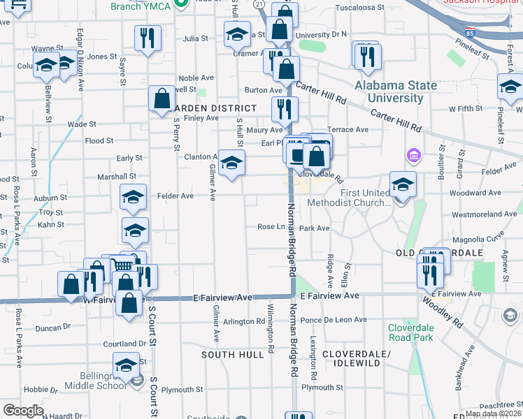 map of restaurants, bars, coffee shops, grocery stores, and more near 364 Felder Avenue in Montgomery