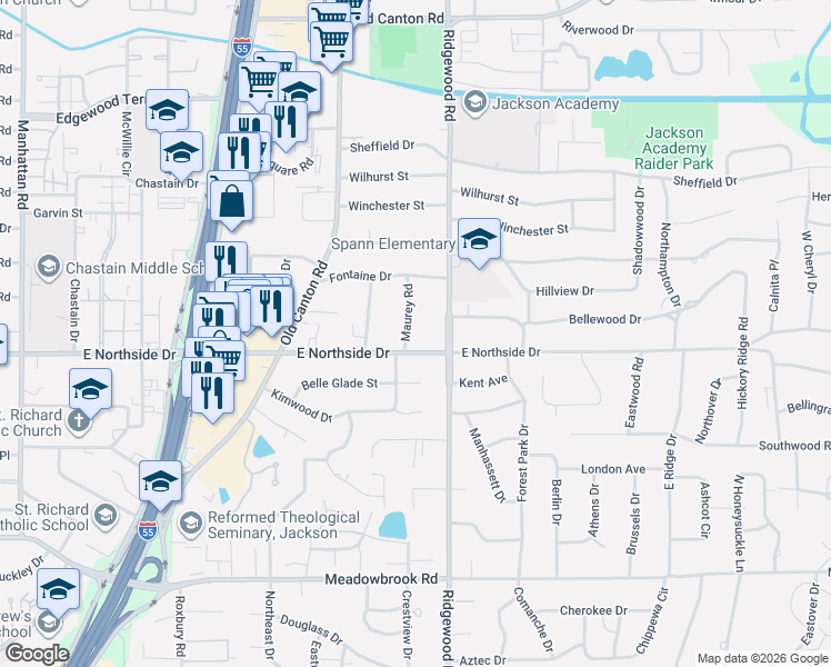 map of restaurants, bars, coffee shops, grocery stores, and more near 4625 Ridgewood Road in Jackson