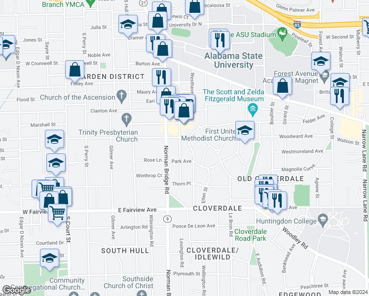 map of restaurants, bars, coffee shops, grocery stores, and more near 1832 Ridge Avenue in Montgomery