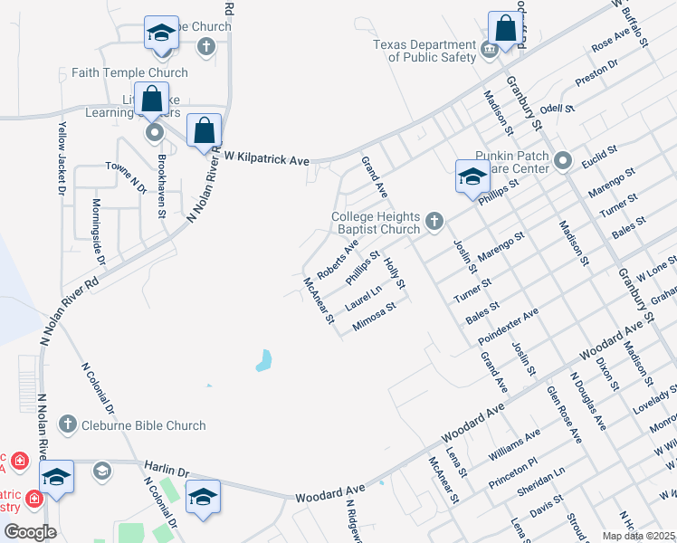 map of restaurants, bars, coffee shops, grocery stores, and more near 1411 Roberts Avenue in Cleburne
