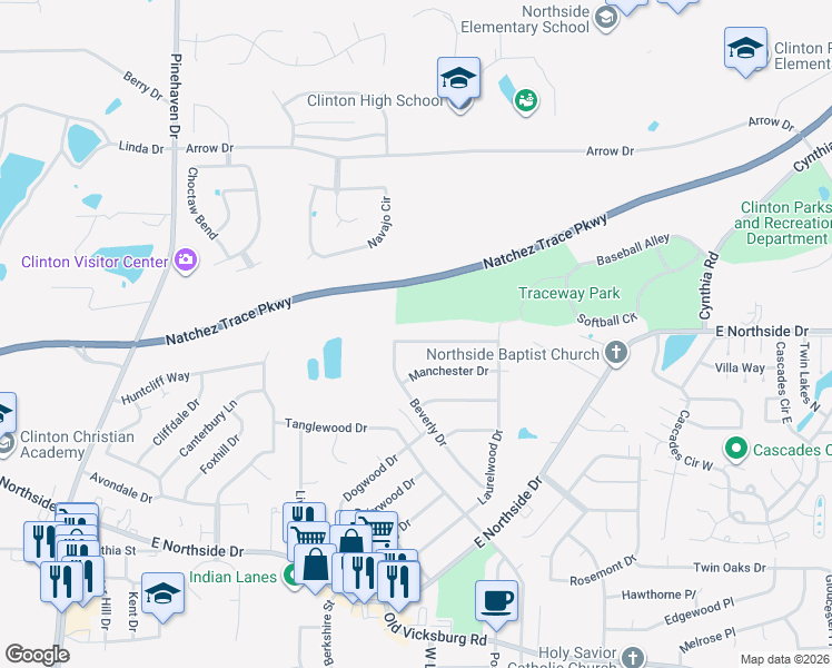 map of restaurants, bars, coffee shops, grocery stores, and more near 1205 Pineview Drive in Clinton