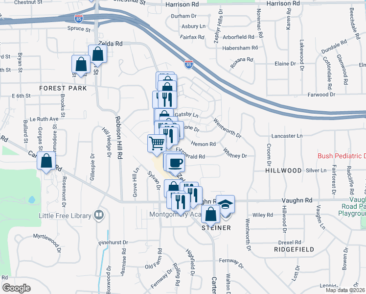 map of restaurants, bars, coffee shops, grocery stores, and more near 3109 Fitzgerald Rd in Montgomery