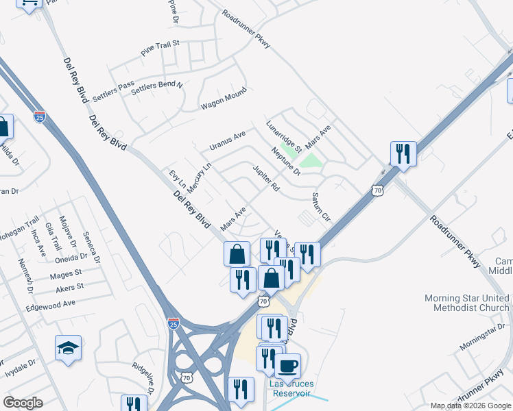map of restaurants, bars, coffee shops, grocery stores, and more near 2200 Mars Avenue in Las Cruces