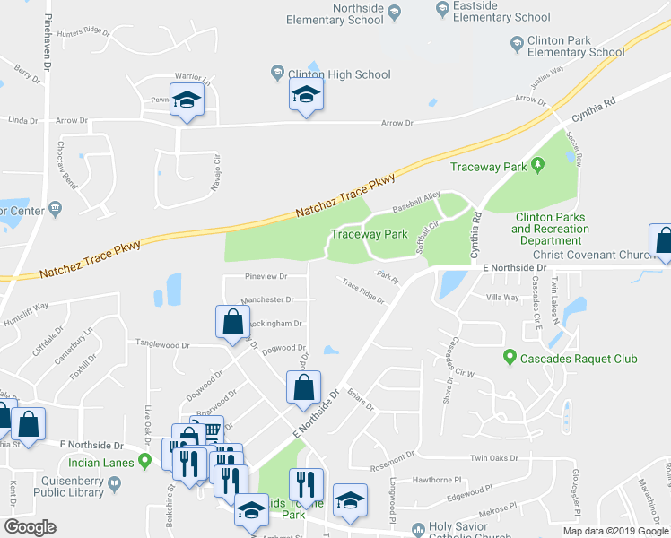 map of restaurants, bars, coffee shops, grocery stores, and more near 117 Trace Ridge Drive in Clinton