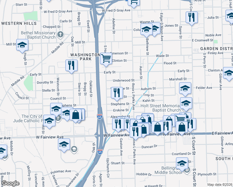 map of restaurants, bars, coffee shops, grocery stores, and more near 712 Clarke Street in Montgomery