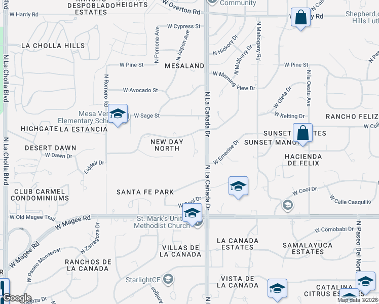 map of restaurants, bars, coffee shops, grocery stores, and more near 8225 North Venus Court in Tucson
