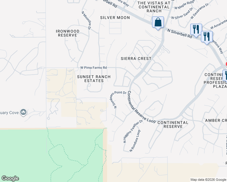 map of restaurants, bars, coffee shops, grocery stores, and more near 8217 North Sombrero Point Drive in Tucson