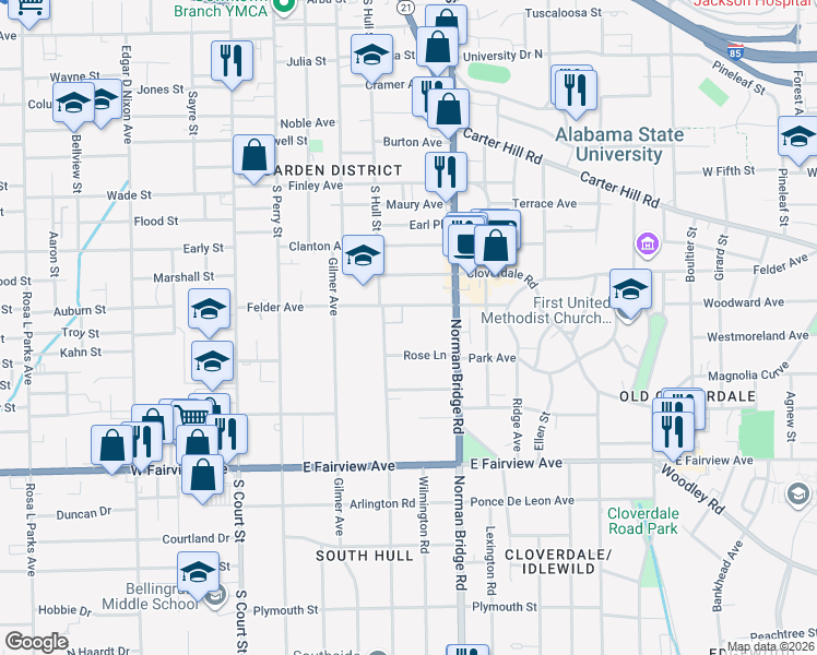 map of restaurants, bars, coffee shops, grocery stores, and more near 364 Felder Avenue in Montgomery