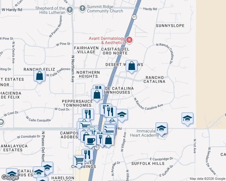 map of restaurants, bars, coffee shops, grocery stores, and more near 84 East Cholla Shadows Drive in Tucson