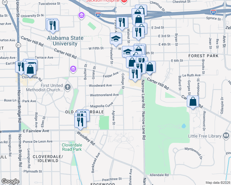 map of restaurants, bars, coffee shops, grocery stores, and more near 1289 Westmoreland Avenue in Montgomery