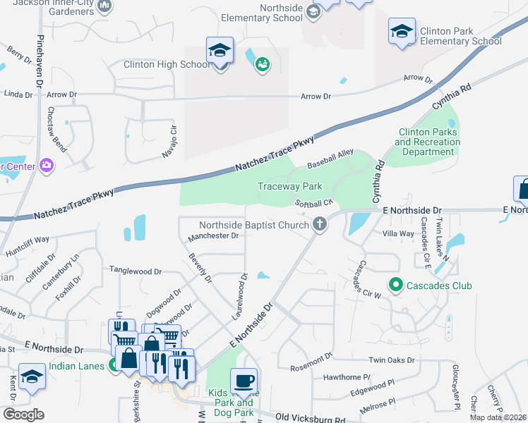 map of restaurants, bars, coffee shops, grocery stores, and more near 117 Trace Ridge Drive in Clinton