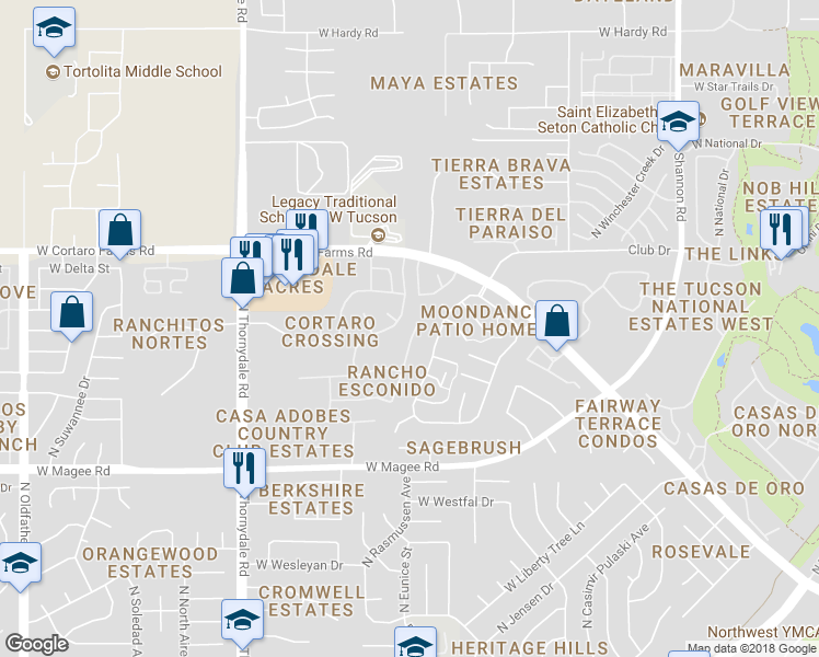 map of restaurants, bars, coffee shops, grocery stores, and more near 8255 North Camino De La Viola in Tucson