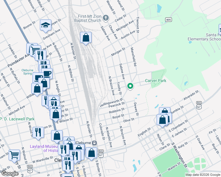 map of restaurants, bars, coffee shops, grocery stores, and more near 107 Park St in Cleburne