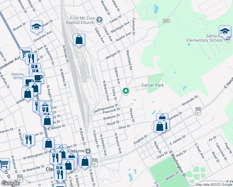 map of restaurants, bars, coffee shops, grocery stores, and more near 708 Trinity Street in Cleburne