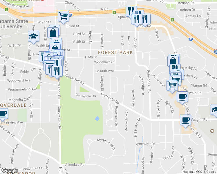 map of restaurants, bars, coffee shops, grocery stores, and more near 2044 Commodore Street in Montgomery