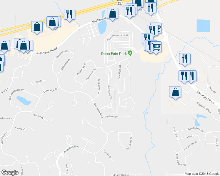 map of restaurants, bars, coffee shops, grocery stores, and more near 7113 Mid Pines Drive in Montgomery