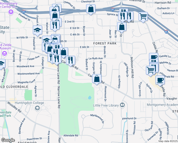 map of restaurants, bars, coffee shops, grocery stores, and more near 2059 Bullard Street in Montgomery