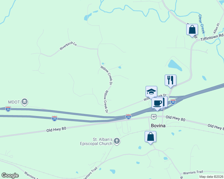 map of restaurants, bars, coffee shops, grocery stores, and more near 114 Willow Creek Drive in Vicksburg