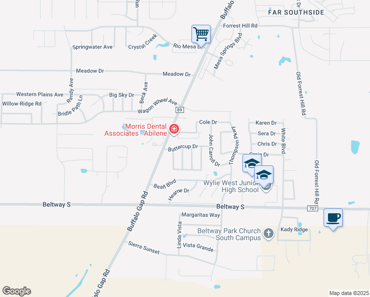 map of restaurants, bars, coffee shops, grocery stores, and more near 1 Verbena in Abilene