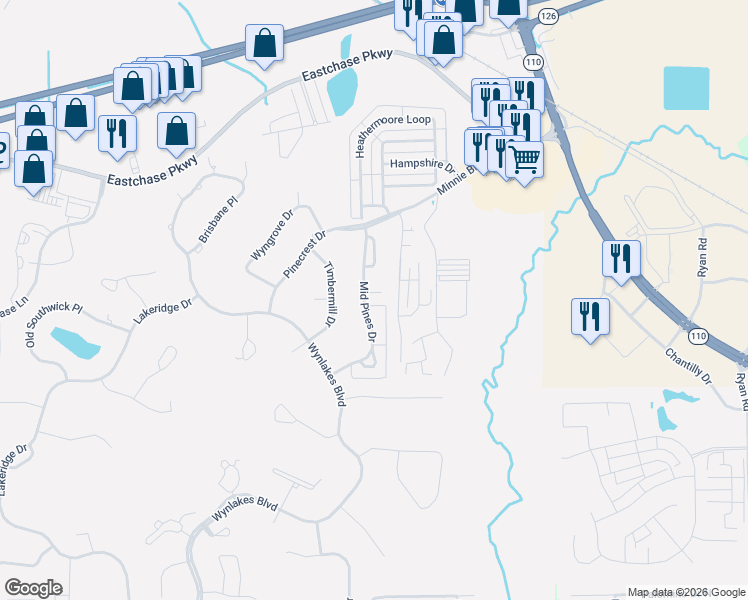 map of restaurants, bars, coffee shops, grocery stores, and more near 7112 Mid Pines Drive in Montgomery
