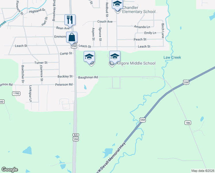 map of restaurants, bars, coffee shops, grocery stores, and more near 1195 Peterson Road in Kilgore