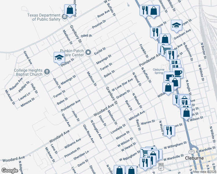 map of restaurants, bars, coffee shops, grocery stores, and more near 1026 Granbury Street in Cleburne