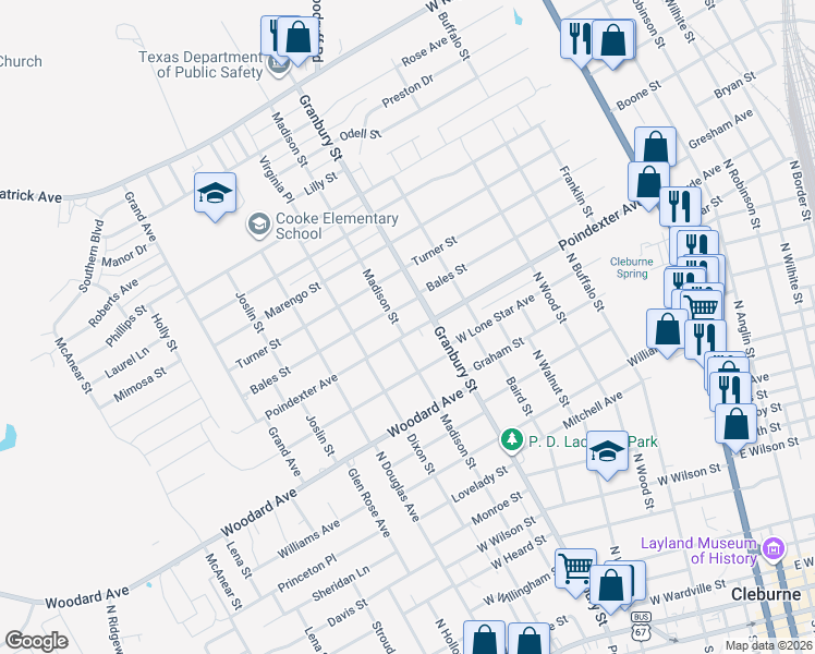 map of restaurants, bars, coffee shops, grocery stores, and more near 800 Madison Street in Cleburne