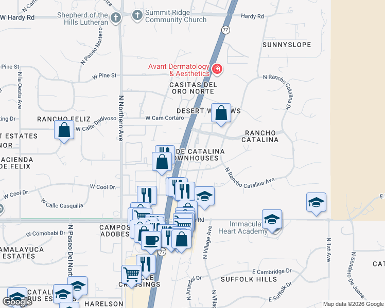 map of restaurants, bars, coffee shops, grocery stores, and more near 84 East Cholla Shadows Drive in Tucson