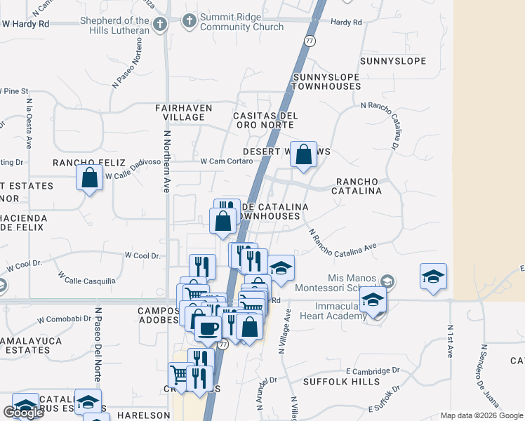 map of restaurants, bars, coffee shops, grocery stores, and more near 84 East Cholla Shadows Drive in Tucson