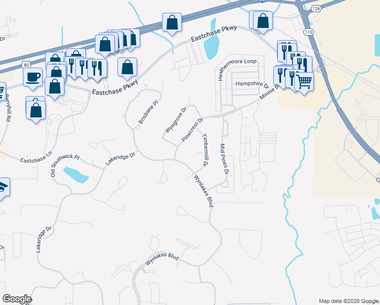 map of restaurants, bars, coffee shops, grocery stores, and more near 7157 Pinecrest Drive in Montgomery