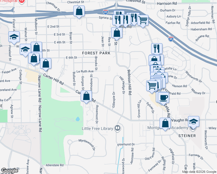 map of restaurants, bars, coffee shops, grocery stores, and more near 1805 Longmeadow Drive in Montgomery