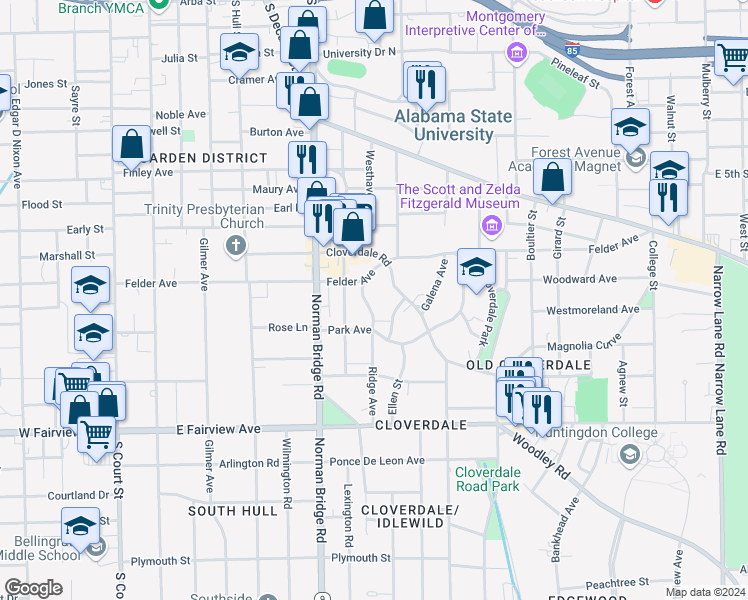 map of restaurants, bars, coffee shops, grocery stores, and more near 1832 Ridge Avenue in Montgomery