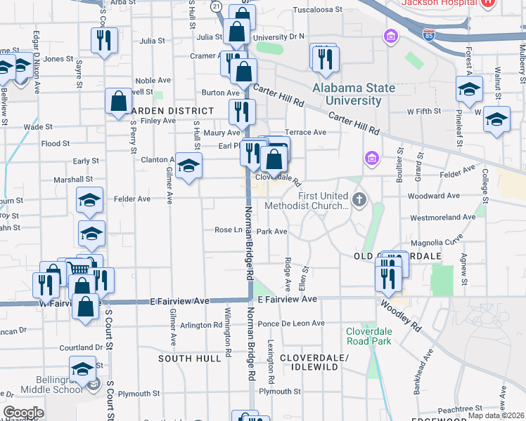 map of restaurants, bars, coffee shops, grocery stores, and more near 1821 Norman Bridge Road in Montgomery