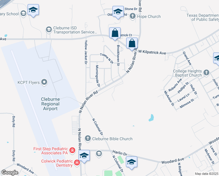 map of restaurants, bars, coffee shops, grocery stores, and more near 1304 North Nolan River Road in Cleburne