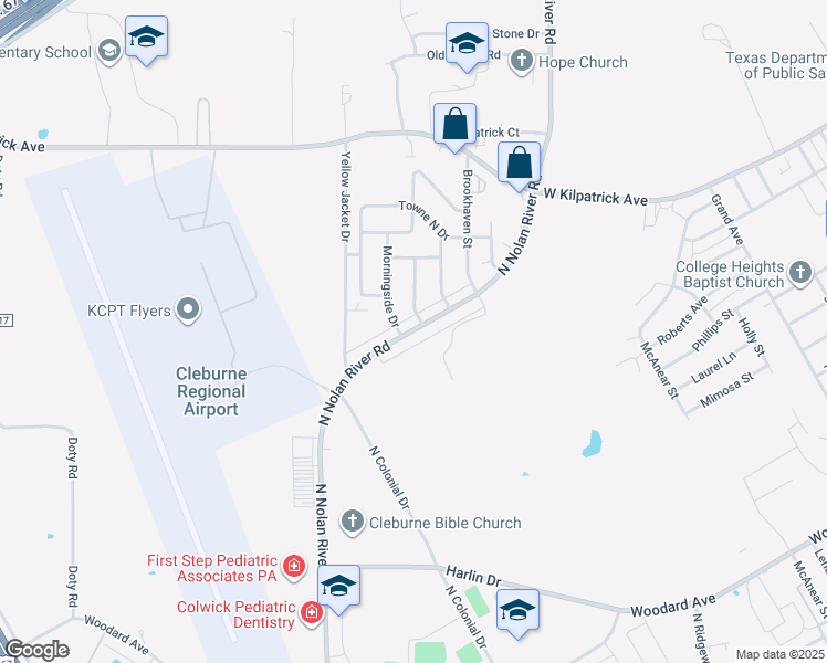 map of restaurants, bars, coffee shops, grocery stores, and more near 1204B North Nolan River Road in Cleburne