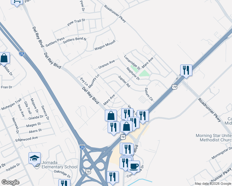 map of restaurants, bars, coffee shops, grocery stores, and more near 2100 Mars Avenue in Las Cruces
