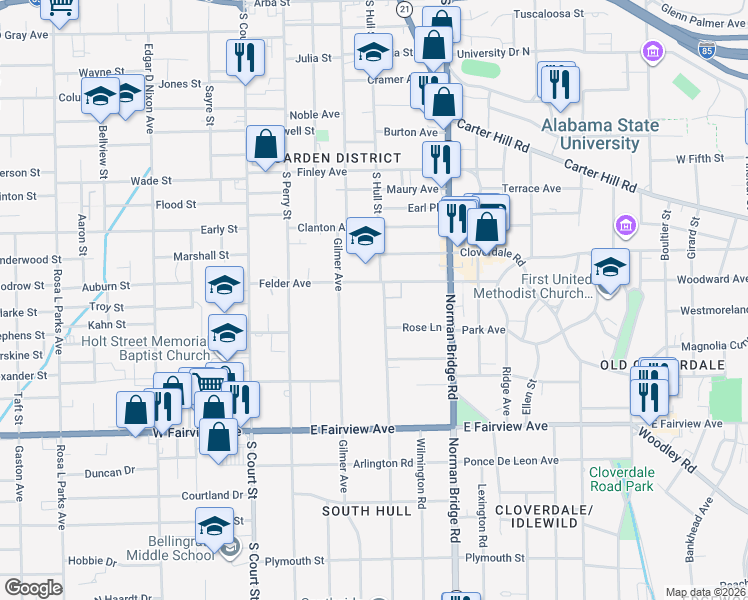map of restaurants, bars, coffee shops, grocery stores, and more near 1826 South Hull Street in Montgomery
