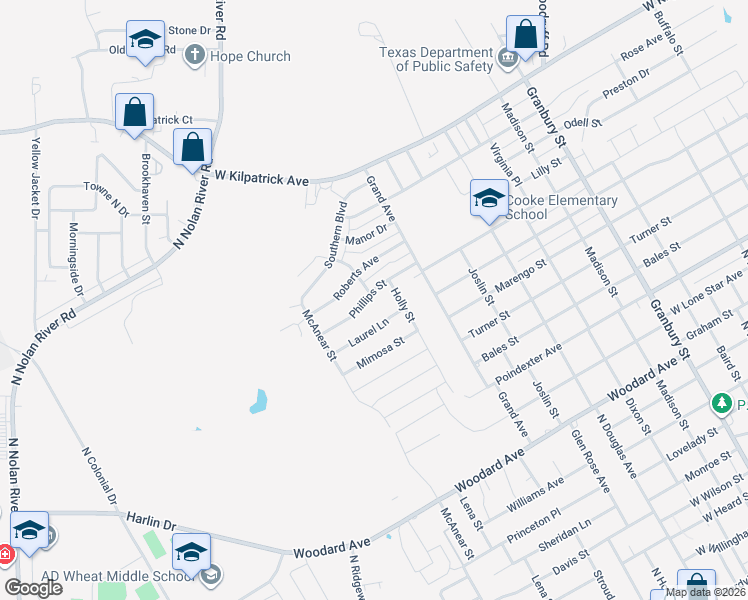 map of restaurants, bars, coffee shops, grocery stores, and more near 1407 Phillips Street in Cleburne
